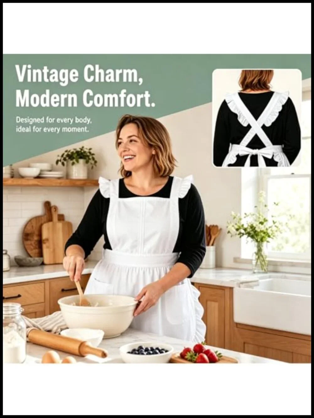 Retro Cotton Kitchen Apron with Cross Back Ties and Pockets